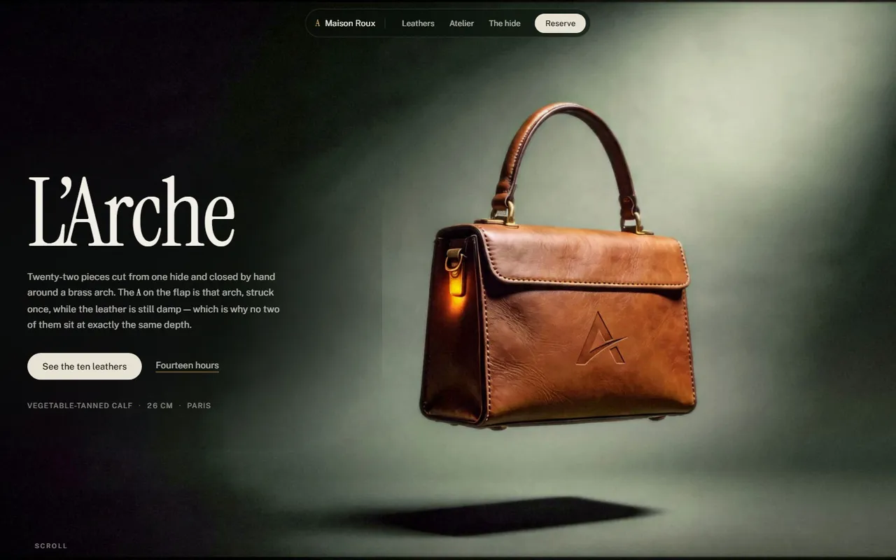 Maison Roux — a tan calfskin bag lit in a single shaft of light