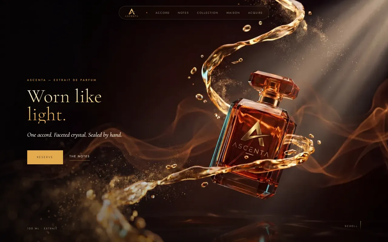 Ascenta Parfumerie — amber flacon in molten gold
