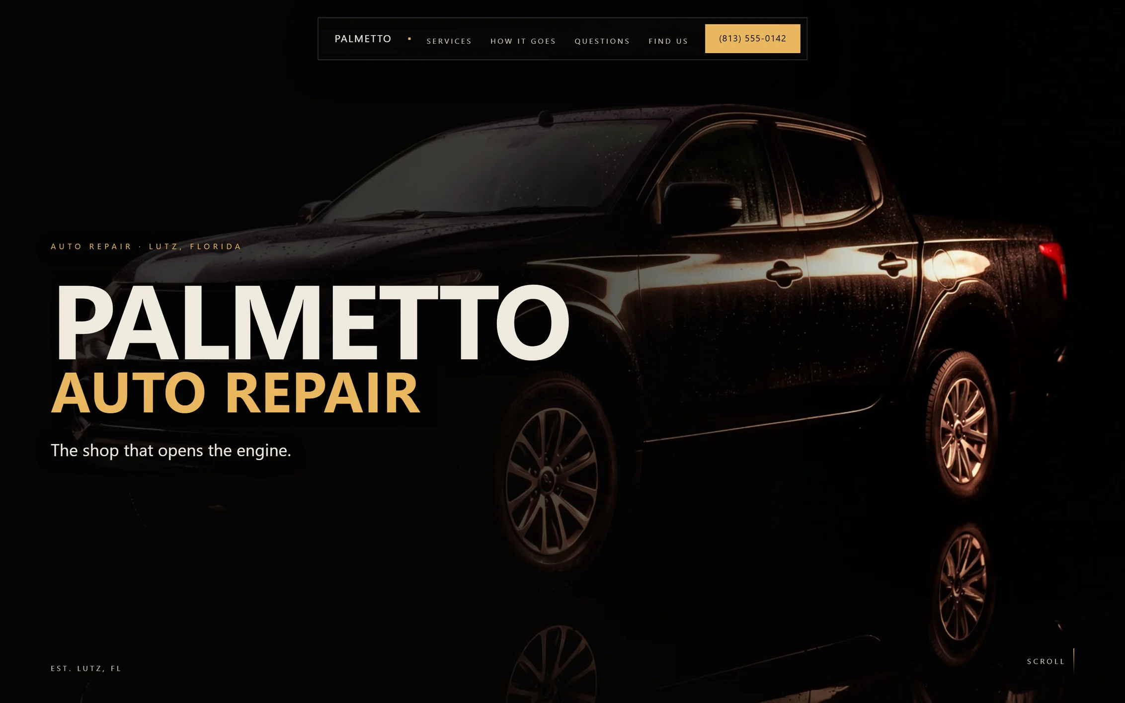 Palmetto Auto Repair — a truck lit in a single amber shaft